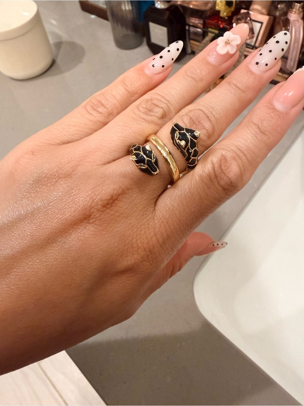 Gold Snake Wrap Ring with Black Enamel Accent
